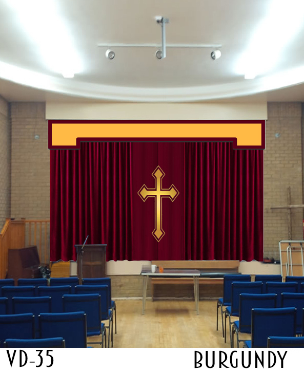 Church altar curtain with cross applique